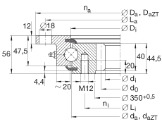 四點接觸球軸承 VLI200414-N, 輕系列 20， 內部的齒輪齒，兩側唇密封