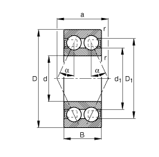 角接觸球軸承 3804-B-TVH, 雙列，接觸角 α = 25°