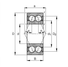 角接觸球軸承 3806-B-2RSR-TVH, 雙列，雙側(cè)唇密封，接觸角 α = 25°