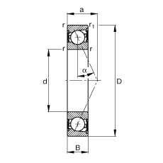 主軸軸承 B71905-E-2RSD-T-P4S, 調節(jié)，成對安裝，接觸角 α = 25°，兩側唇密封，非接觸，限制公差