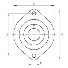 軸承座單元 FLCTEY12, 帶兩個螺栓孔的法蘭的軸承座單元，鑄鐵， 內(nèi)圈帶平頭螺釘， P 型密封，無再潤滑結(jié)構(gòu)