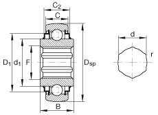 外球面球軸承 SK102-207-KRR-B-AH10, 球面外圈，內(nèi)圈帶六角形孔，兩側(cè) R 型密封